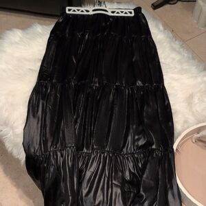 Philosophy Elegant Black Tiered Maxi Skirt in Slick Metallic